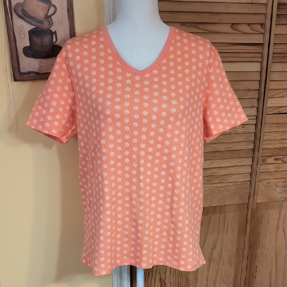 KIM ROGERS V-Neck Orange Shell Print Top L